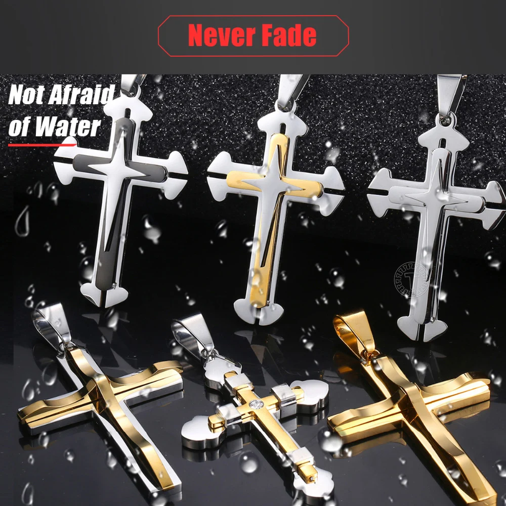 Davieslee 15 Styles Multi Layers Cross Pendant for Men Gold Black Silver Color Stainless Steel Clear CZ Trendy Jewelry LKPP1