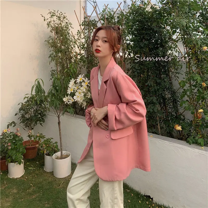 Blazers Women Double Breasted Korean Style Casual Fashion Loose Suits All-match Solid teens Daily Notched Pocket BF Candy Colors