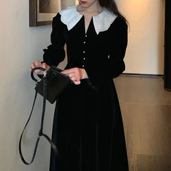 Vintage Black Long Velvet Dress Women Gothic Hepburn Peter Pan Collar Lace-up Dress Elegant Y2K Evening Bodycon Dress 2021 Fall