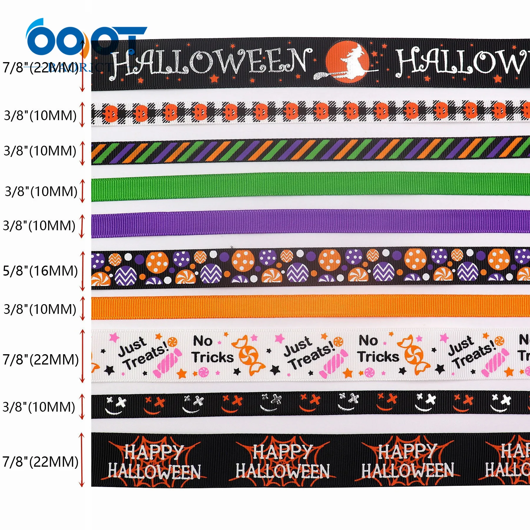 21520-2 Halloween Candy Pumpkin Spiders Web Pattern Printed 7/8 Inch and 3/8 inch 5 Yards Grosgrain Ribbon