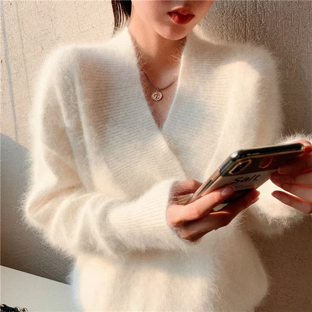 JSXDHK High Senior Luxury Mink Cashmere Women V Neck Pullovers Elegant Winter Mohair Knitted Thick Soft White Loose Sweaters