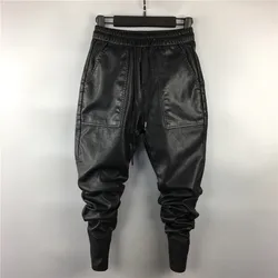 Owen Seak Men Casual Cargo Harem Pants High Street Hip Hop Length PU Faux Leather Sweatpants Autumn Winter Black Big Size