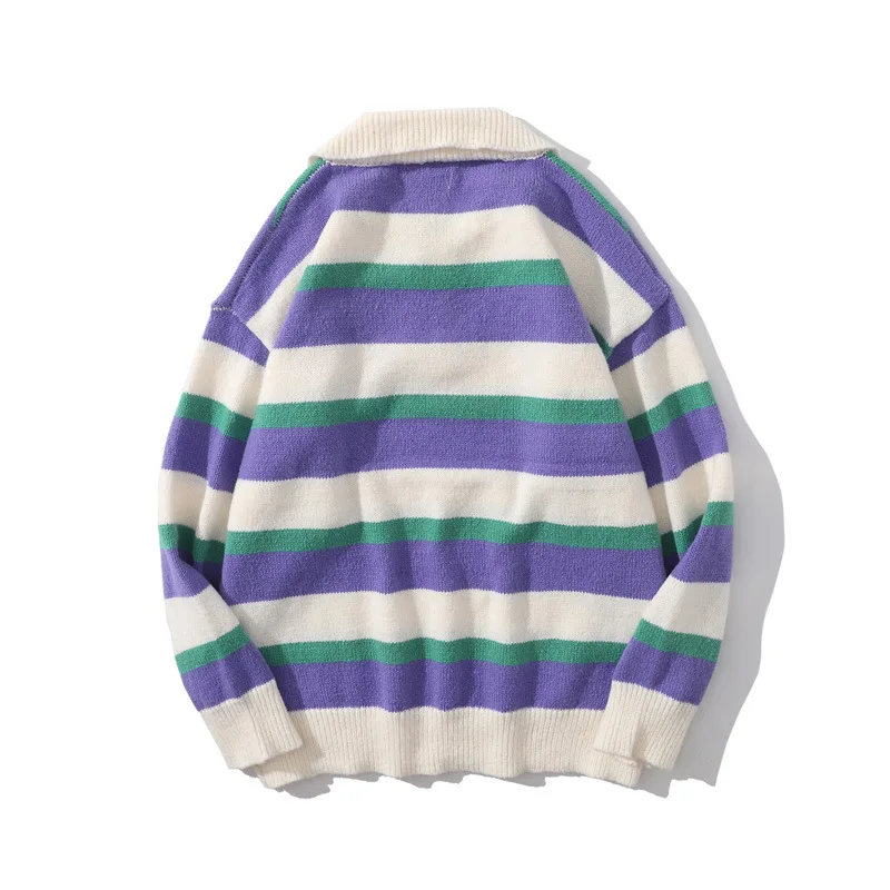 Retro Striped Polo Neck Sweaters Men's Hip Hop Streetwear Harajuku Sweater Couples Knit Pullover Autumn Loose pull homme 2021New