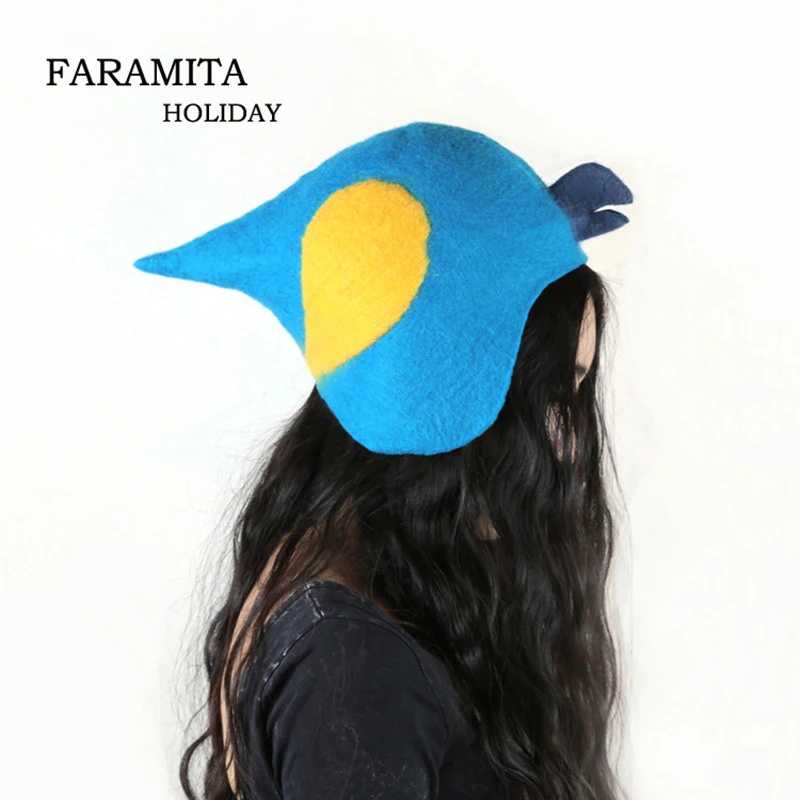 

Faramita Holiday Colorful Parrot Cartoon Cute Hat Handmade Women Kids Couple Hats Customize Caps 100% Wool Felt Bucket Warm