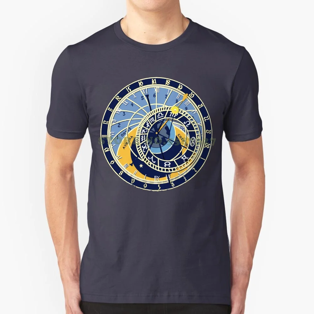 Oversized T Shirt Men's Prague Astronomical Clock T Shirt Orloj Czech Zodiac Gift O Neck Short Sleeve Shirts