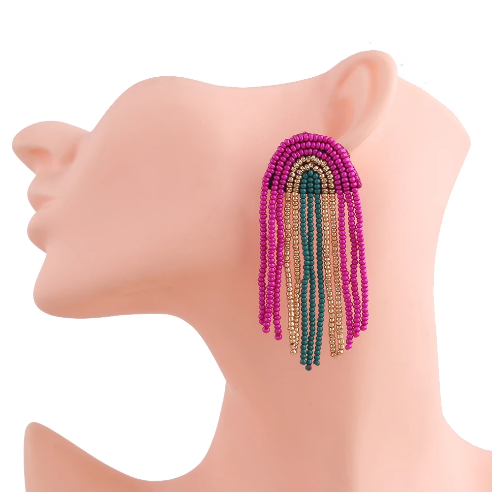 ZA Tassel Earrings Luxury Shiny Long Tassel Beads Handmake Rainbow-Shaped Dangle Drop Earrings For Women Fashion Jewelry Gifts