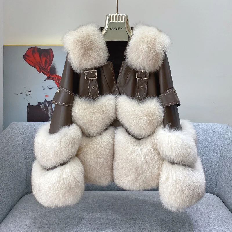 ZDFURS * 2021 winter fox fur coat female short fur coats sheepskin with fox fur collar New buckle strap design Chest heart shape