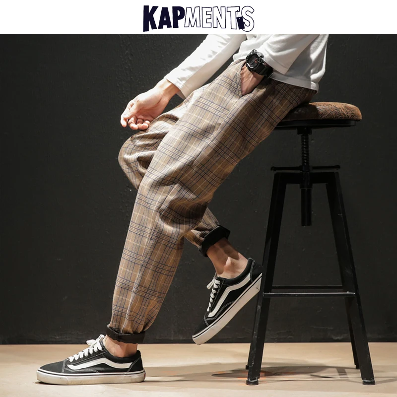 KAPMENTS Japanese Streetwear Plaid Pants Men Joggers 2023 Mens Casual Straight Harem Pants Male Korean Casual Trousers Pants 5XL