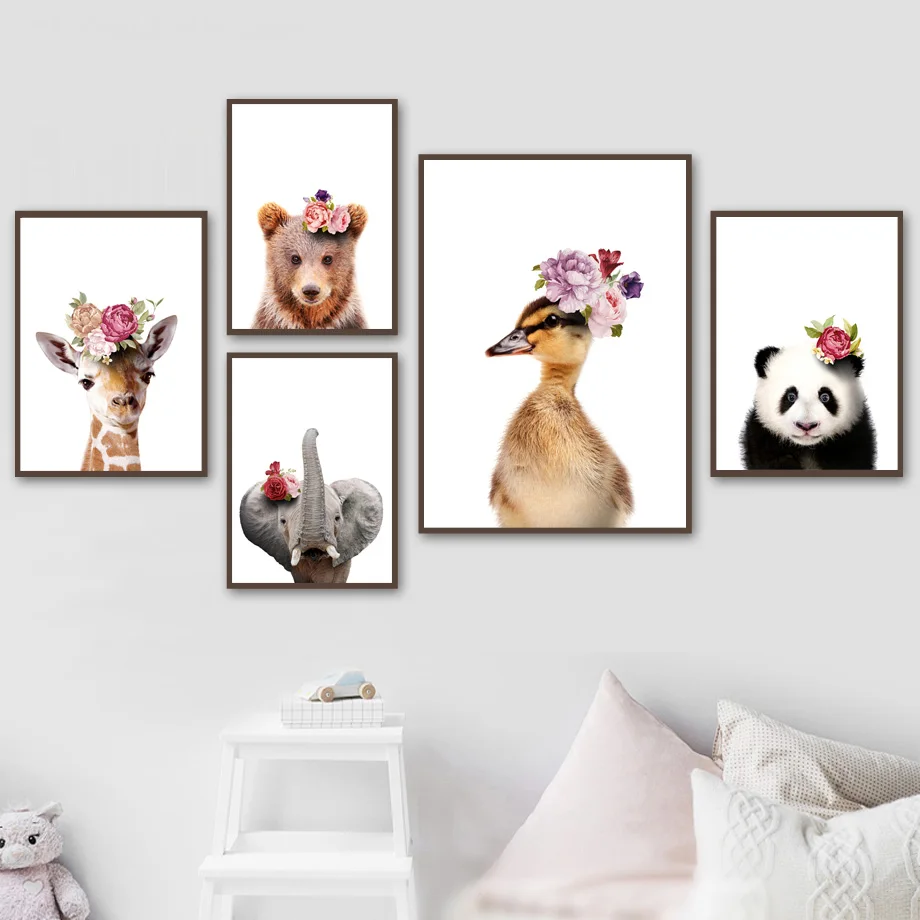 

Flower Giraffe Elephant Panda Duck Animal Wall Art Canvas Painting Nordic Posters And Prints Wall Pictures For Living Room Decor