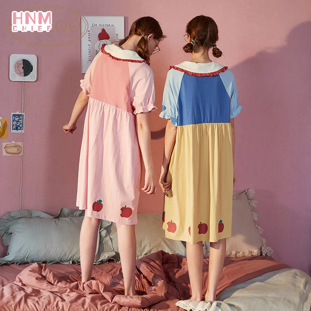 Summer Pink Silk Sleepshirts Women Sleepwear Dress Kawaii Bows Maiden Nightgown Cotton Home Suit Cute Short-Sleeve Nightdress