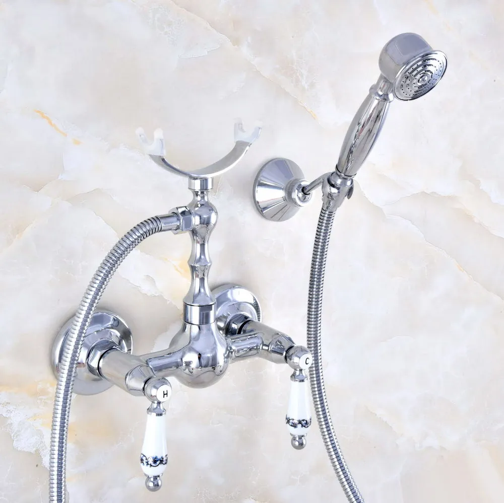 

Contemporary Polished Silver Chrome Brass Wall Mounted Bathtub Faucet with Handheld Shower Set +150CM Hose Mixer Tap 2na740