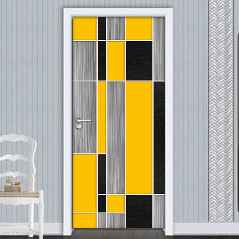 

3D Yellow Striped Geometric Door Sticker Wall Painting Living Room Bedroom Door Wallpaper Self-adhesive Waterproof Wall Stickers