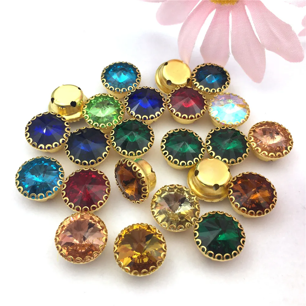 All Size Round Shape Strass For Sew On Rhinestones Gold Base Lace Claw Rilvoli Glass Crystal Rhinestone Diy Clothing Accessories