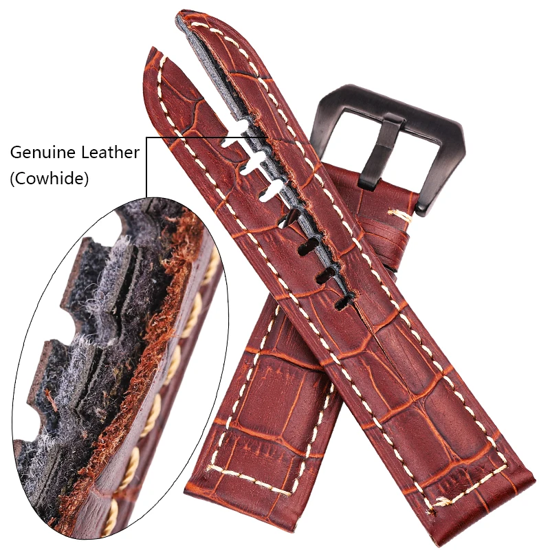 Genuine Leather Crocodile Pattern Watch Strap for Panerai 20mm 22mm 24mm 7 Colors Thick Watchband Belt Accessories