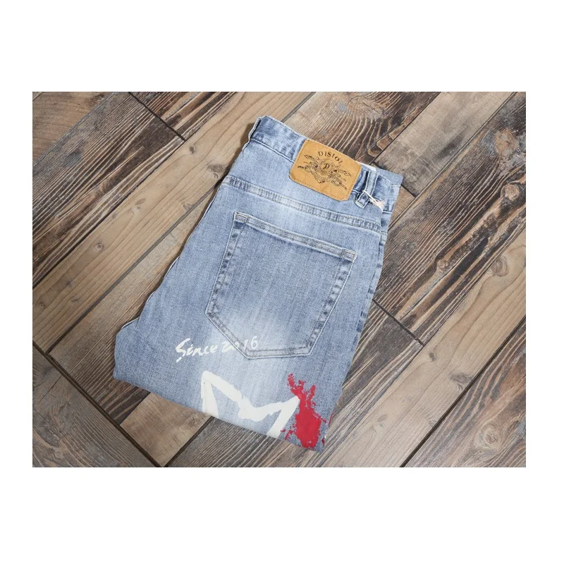 Fashion Printed Light Blue Jeans Men Streetwear Casual Straight Slim Fit Pants Cotton Denim Trousers