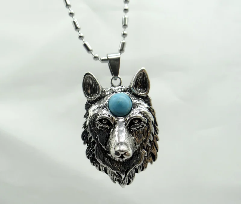 Natural Stone Quartz crystal Turquoises Antiek Zilver Zinklegering  Wolf head Charm Pendant for diy making necklace Accessories