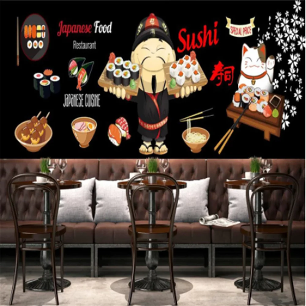 Customized black wood board decoration wallpaper 3D Japanese sushi restaurant industrial decoration wall painting wallpaper