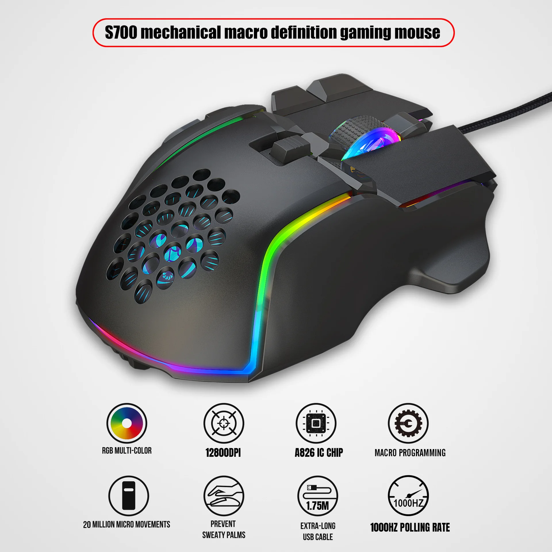 10 Buttons 12800 DPI USB Gaming Mechanical Mouse RGB Backlit Computer Gamer Programmable Wired Mice For Laptop PC Desktop