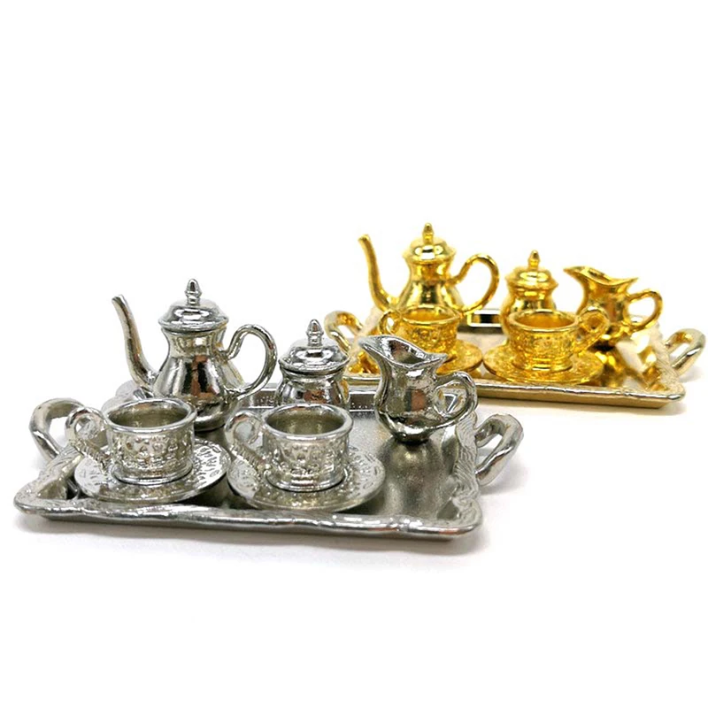 10Pcs/Set Miniature Metal Tea Doll House Furniture Miniature Dining Tableware Toy Doll House Teapot Cup Plate