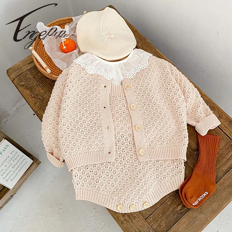 Engepapa Infant Baby Girls Cute Solid Color Cardigan Romper Set Spring&Autumn Long Sleeve Toddler Baby Knitting Clothes 0-2Y