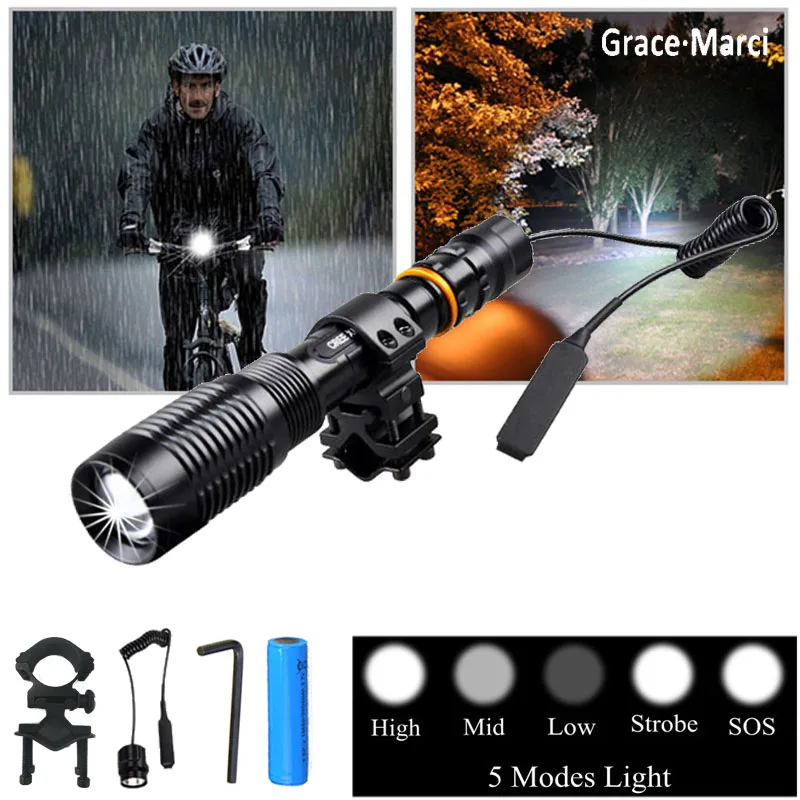 Cheap 5-Mode Tactical Hunting Flashlight T6 LED Portable Gun Mount EDC Flashlight Zoom Bike Light Long Distance Camping Lantern