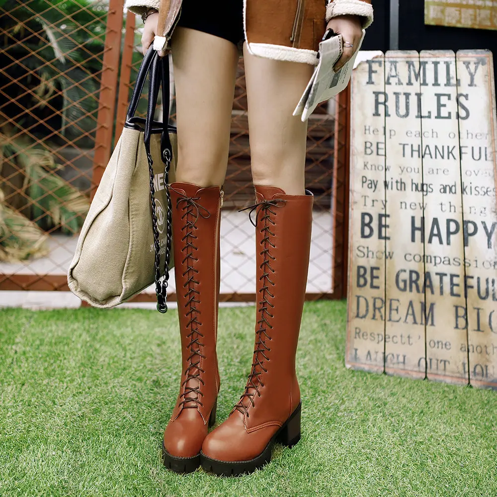 New Lacing Winter Knee High Boots Women High Heels Zipper Autumn Rubber Sole Brown Heel Long Boots Shoes Big Size 2021