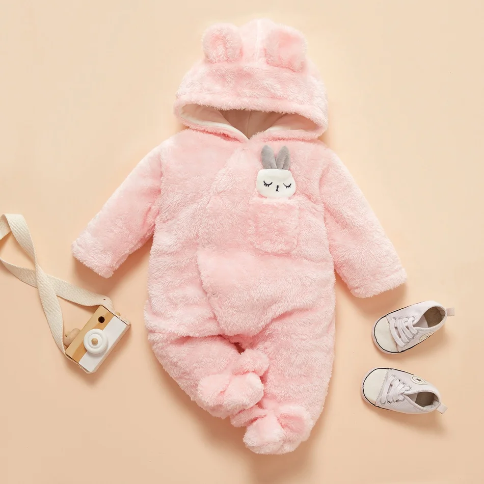 PatPat Winter Baby Clothes Baby Girls Baby Boys Unisex Solid Fleece Rabbit Hooded Footed / Footie Long-sleeve Baby Jumpsuit