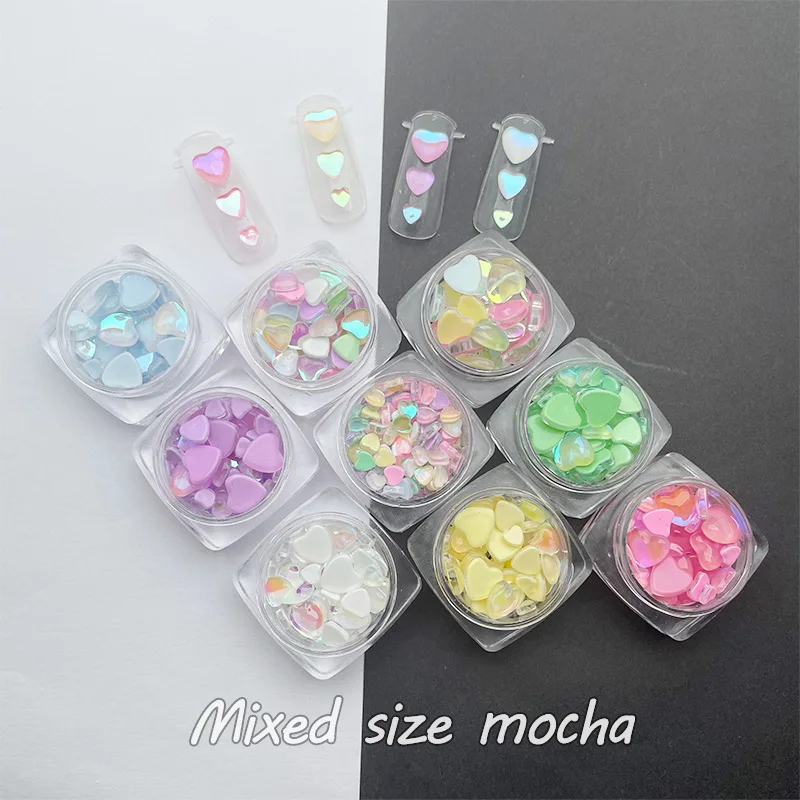 New Glass Mocha Flatback Glossy Heart-Shaped 3D Nail Art Rhinestone Decoration Small Square Box Mixed Size Packaging