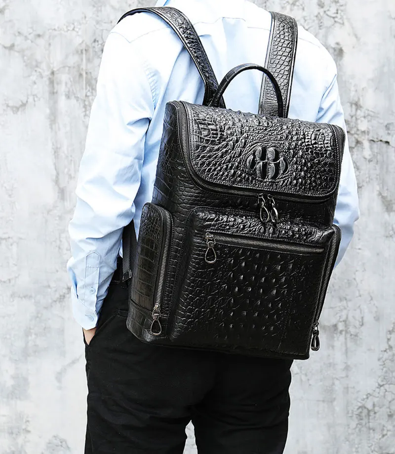 Imagem -03 - Nova Moda Mochila Masculina de Couro de Crocodilo Mochila Masculina Casual Elegante Couro Mochila de Viagem para o Homem Pele de Vaca Real 2023