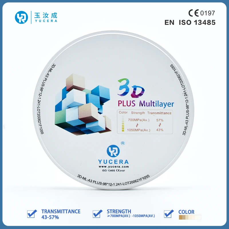 

Yucera dental 3D pro multi-layer zirconia blocks with CE ISO for CAD CAM open system 98 mm×22mm