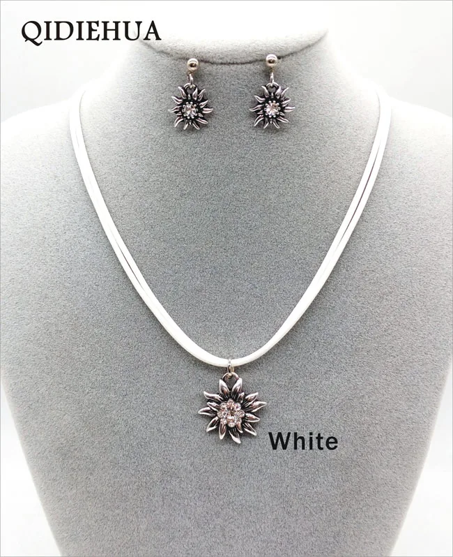 Vintage Edelweiss Jewelry Set Multicolor Crystal Flower Necklace and Costume Earrings Traditional Oktoberfest Costume Jewelry
