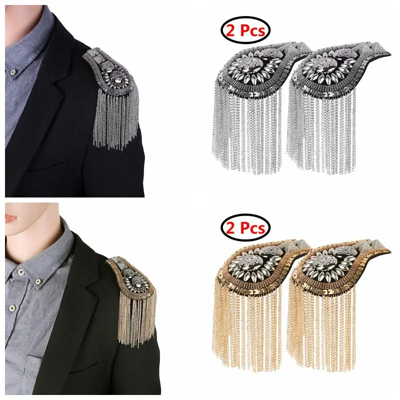 

2Pcs Vintage Blazer Epaulet Metal Tassel Link Chain Shoulder Boards Badge Shoulder Brooch Uniform Suit Accessories