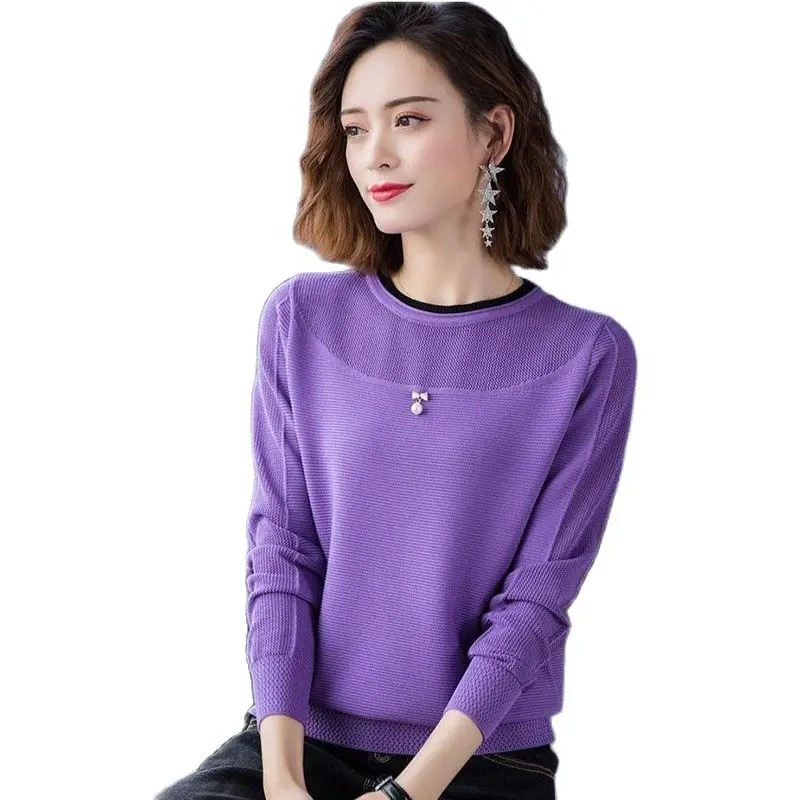 

Spring Autumn Women's Clothing New Sweater Splicing Beading Loose External Wear All-match Long Sleeve Women's Base Sweater