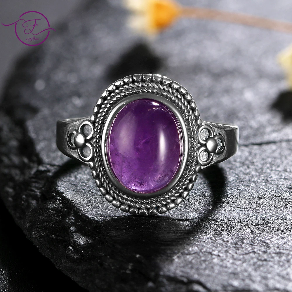 

Sterling 925 Silver Ring Jewelry 8x10MM Natural Amethyst Rings Various Gemstone for Women Anniversary Birthday Party Gift