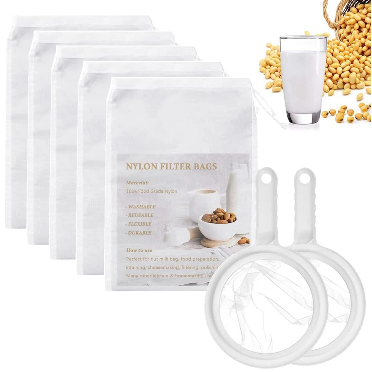 7pcs Nut Milk Bags Fine Mesh Strainer Spoon Reusable Food Strainers Bag Nylon Mesh Filters for Juices Cold Brew Soy Milk Tea