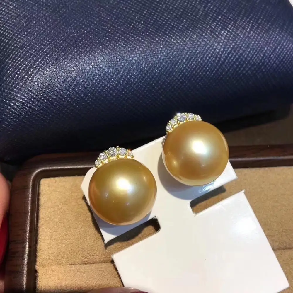 Fine Jewelry Pure 18 K Yellow Gold Natural Golden Ocean 10-9mm Round Pearl Earrings for Women Fine Pearl Earrings