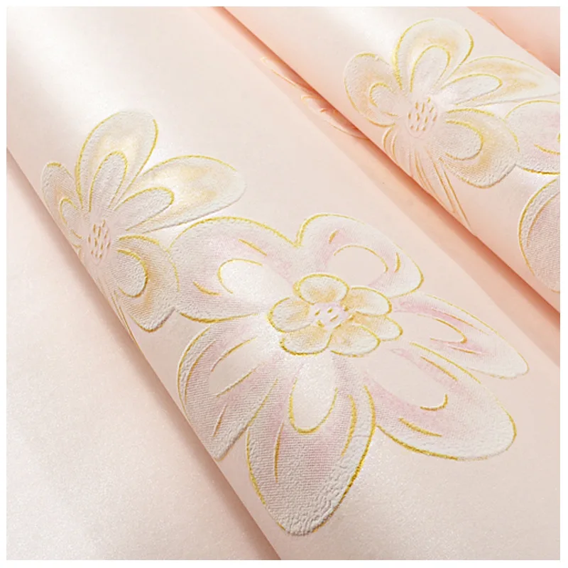 Thickened 3D warm rural wallpaper bedroom living room wedding room non woven wallpaper girl children's room pink flowers