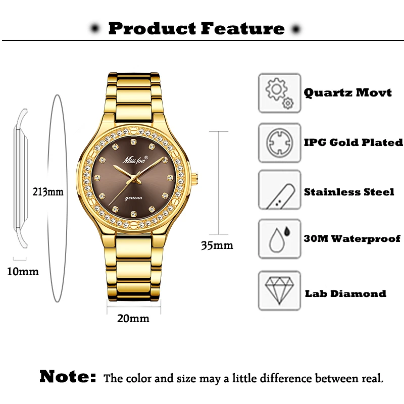 MISSFOX – montre-bracelet de luxe pour femmes, élégante, marque de luxe, japon Movt, 30M, étanche, or, montre à Quartz analogique, coûteux, genève