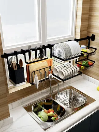 Stainless Steel Kitchen Rack Wall Mount Black Sink Rack Free Hole Knife Rack Drain Dish Rack Seasoning Storage