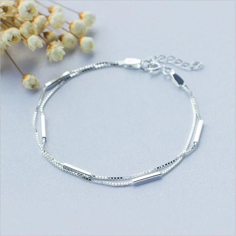 

VENTFILLE 925 Sterling Silver Fashion One-line Bar Double-layer Round Stick Bracelet Ladies Simple Forest Art Jewelry Gift