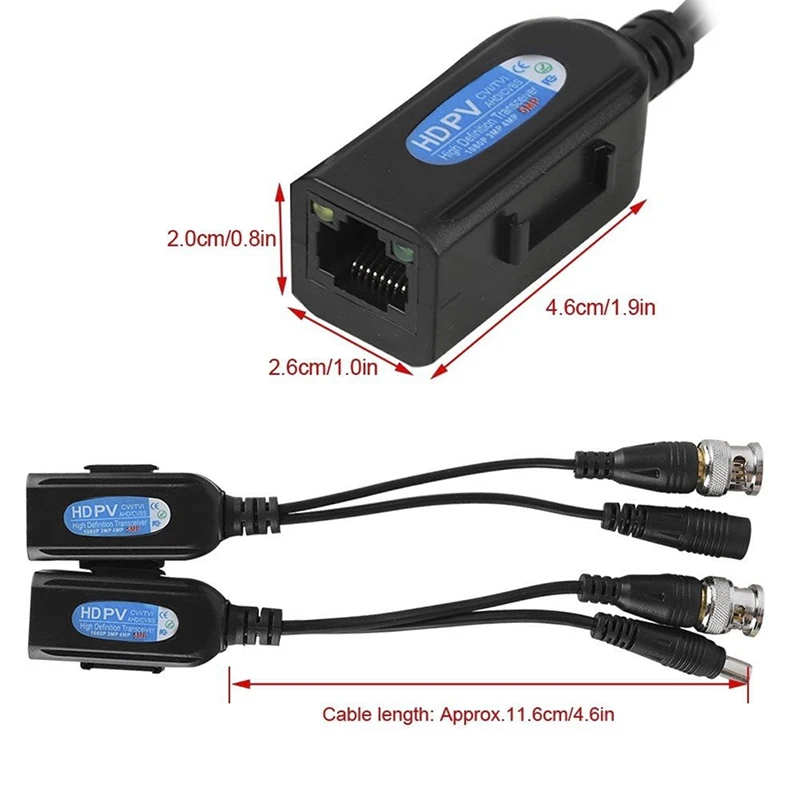 패시브 비디오 발룬 BNC 컨버터-RJ45 트랜시버, CVI, TVI, AHD 카메라용, 2MP, 4MP, 5MP, 8MP, 2 쌍