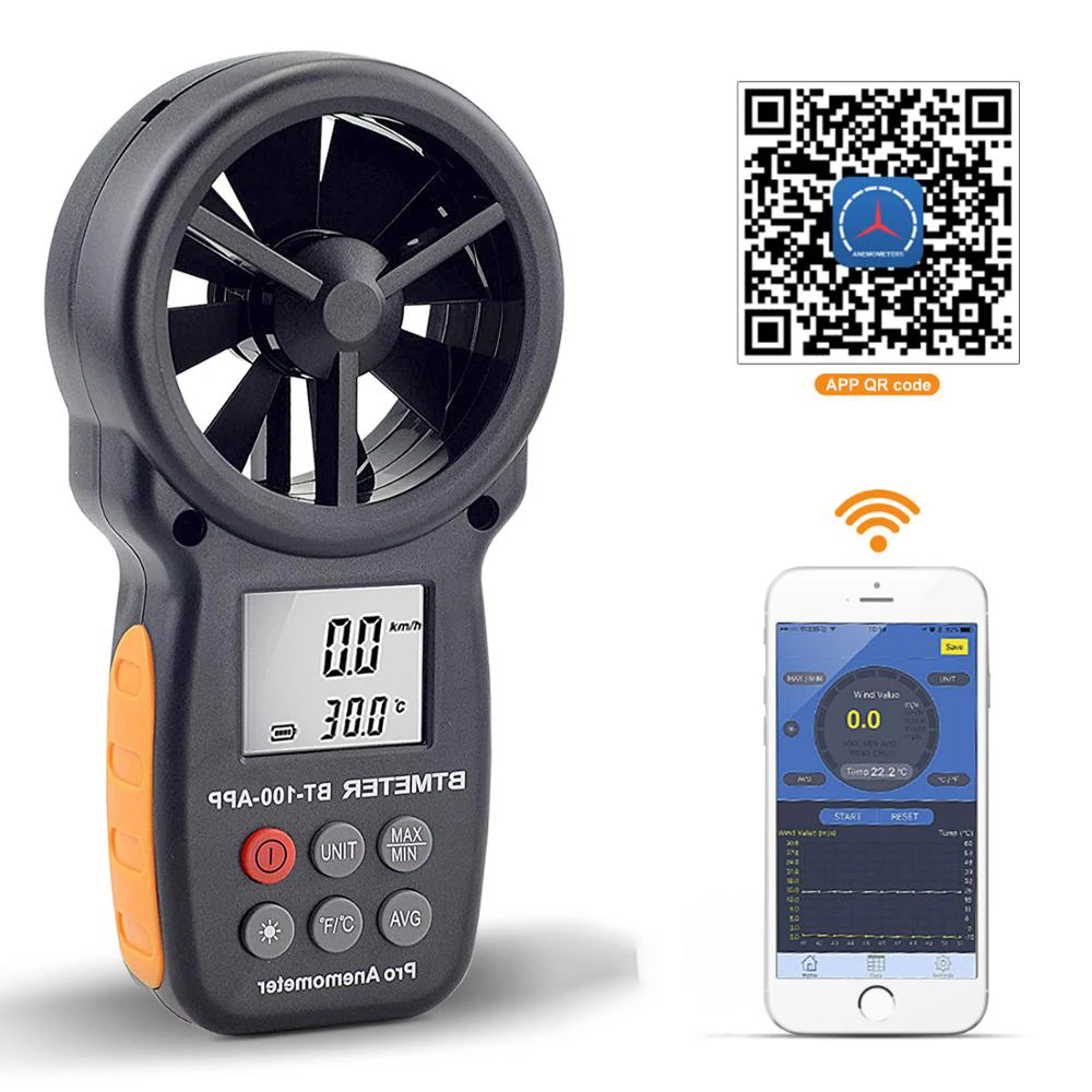 Btmeter Bt100-app Testador de Anemômetro Digital com Aplicativo Móvel Medidor de Medição de Velocidade do Vento Medida Ferramentas Testador de Temperatura