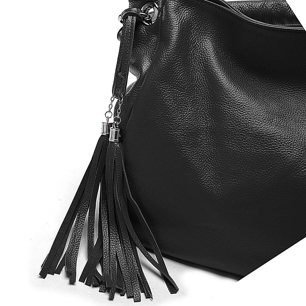 Zency Black White Bag 100% Soft Genuine Leather Tassel Women\'s Handbag Ladies Shoulder Bags Messenger Satchel Crossbody Purse