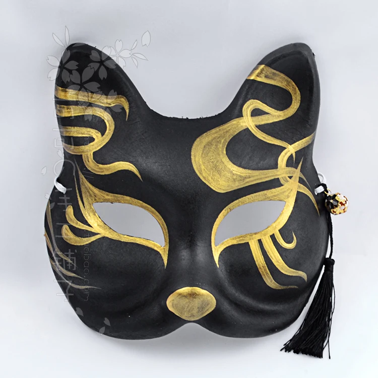 Custom Japanese fox cat mask hand-painted and wind cos anime cosplay party black golden hand