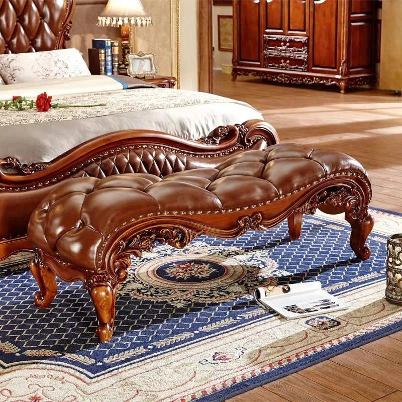 genuine leather bed solid wood carving master bedroom double solid wood1.8 m luxury American wedding bed