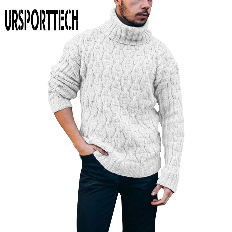 URSPORTTECH autunno inverno nuovi Mens maglione dolcevita Pullover ago diamante ritorto fiore lana grossa maglioni lavorati a maglia