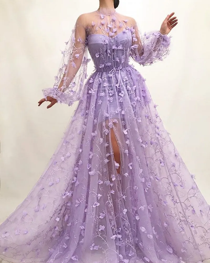 3D Floral Lace Applique Prom Dresses New Arrival Light Purple Long Sleeves Tulle Side Split Party Gowns High Neck