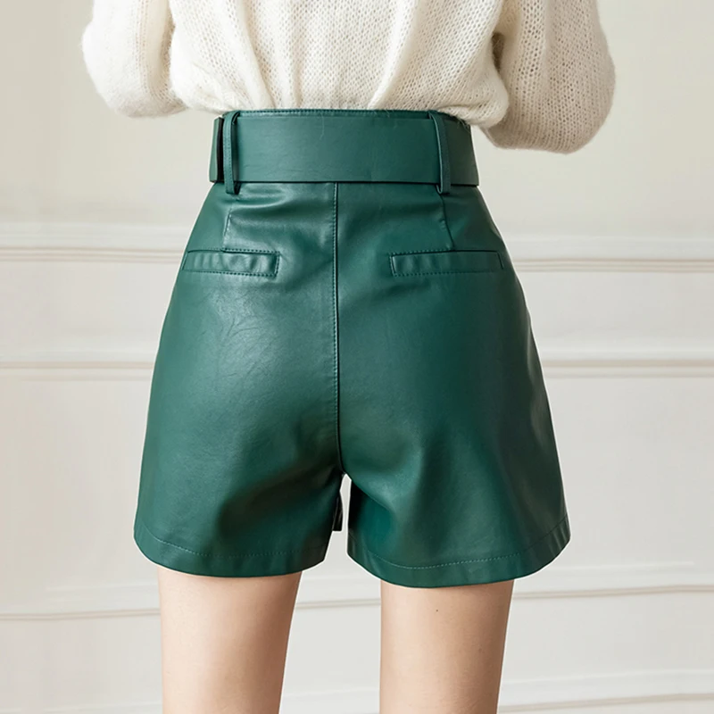Streetwear couro do plutônio shorts feminino outono inverno mais tamanho solto cintura alta shorts com cinto de moda curto femme