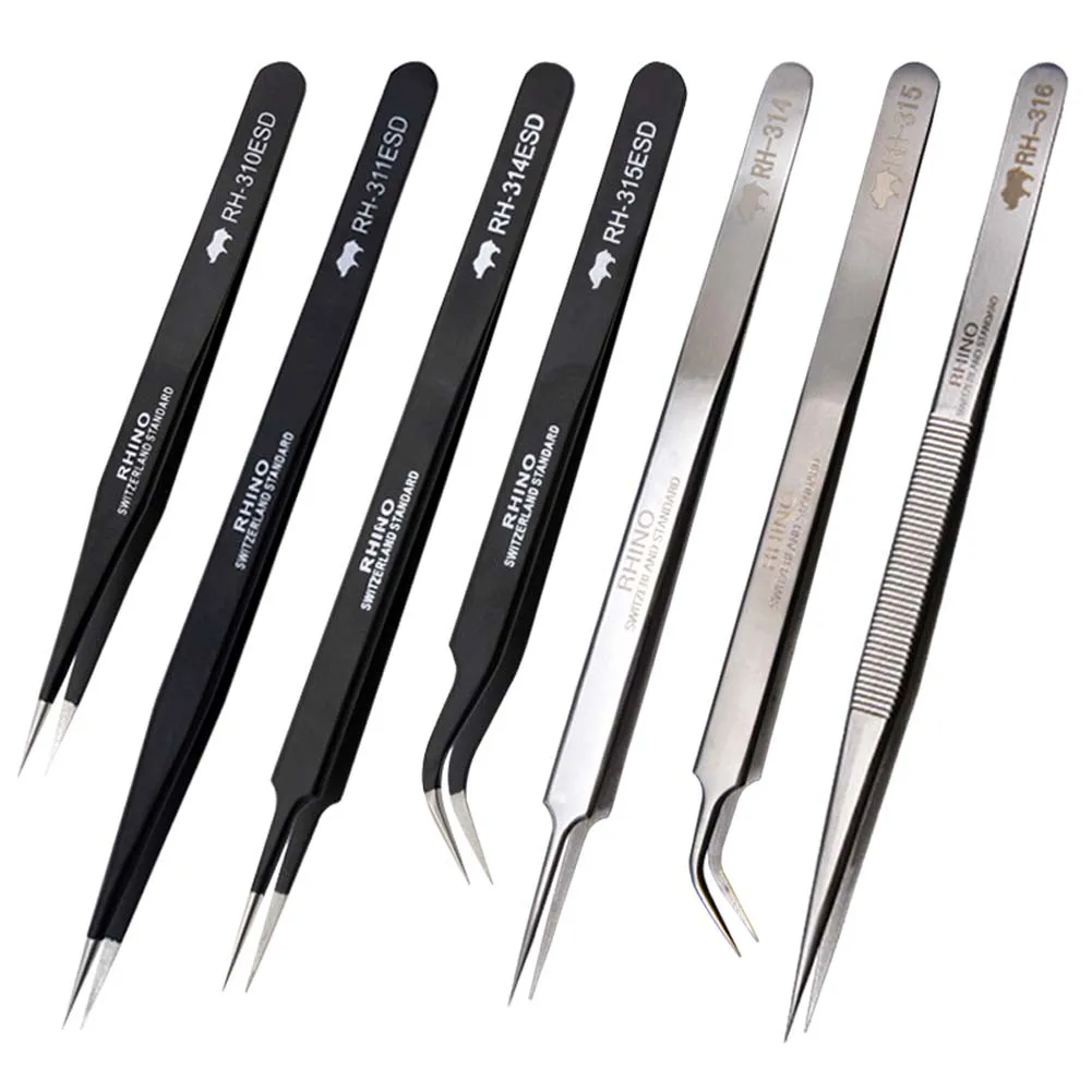 Pack of 7 Pcs Japan Pro RHINO Tools Lengthened Style Tweezers Anti-static High-precision Super Hard for Repairing Watch Mobile