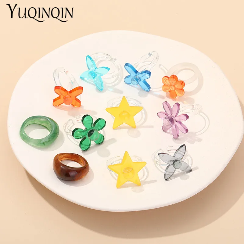 Trendy New Flower Big Cute Rings for Teen Girls Fashion Minimalist Colorful Transparent Acrylic Vintage Finger Rings for Women